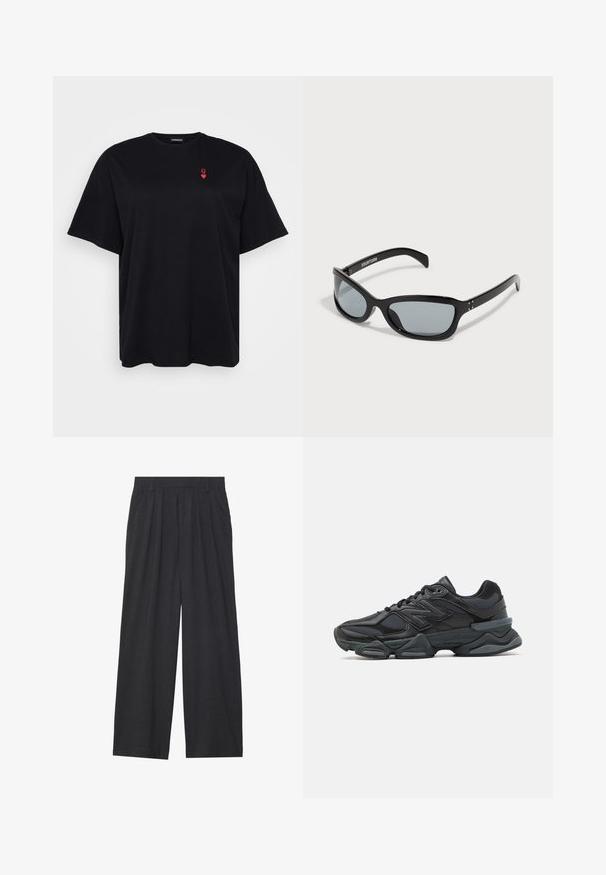 T-shirt de algodão preto com mangas curtas, corte solto, decote redondo, apresentando um pequeno logótipo de coração vermelho na área esquerda do peito.; Calças de perna larga feitas de tecido cinza escuro. Apresentam pregas na cintura, um design sob medida e uma silhueta reta.; Sapato de corrida preto com uma combinação de malha e materiais sintéticos, sola robusta, design curvado e uma marca de destaque na lateral.; Óculos de sol pretos com um design elegante e angular. Apresenta lentes cinzas e armações de plástico brilhantes. Inclui pequenos detalhes em metal e marcação no braço.
