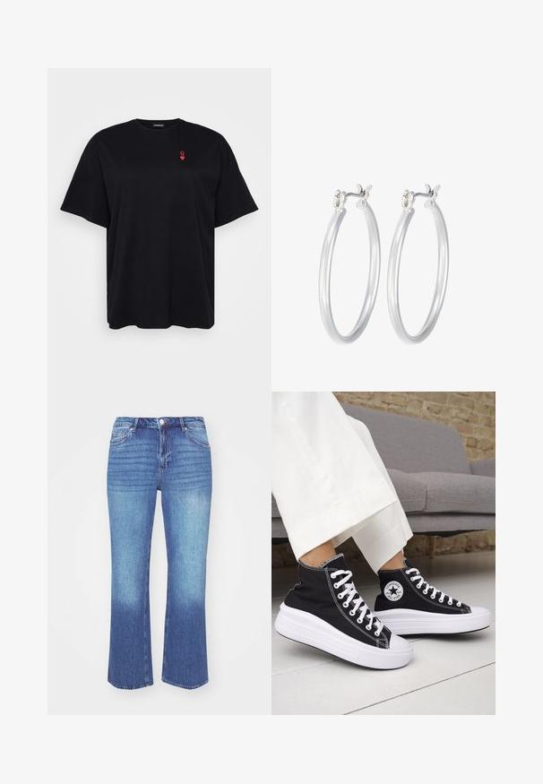 Czarny bawełniany t-shirt z krótkim rękawem, luźny krój, okrągły dekolt, z małym czerwoną logo serca na lewej klatce piersiowej.; Jeans dżinsowe w jasnoniebieskim do średnioniebieskiego gradientu. Charakteryzują się prostą nogawką, pięcioma kieszeniami i wyszywanymi detalami wzdłuż szwów.; Czarne trampki typu high-top z białą gumową podeszwą i sznurówkami. Posiadają okrągłą naszywkę z logo oraz kontrastujące białe przeszycia. Wykonane z materiału płóciennego.; Srebrne kolczyki w formie kółek o gładkim, polerowanym wykończeniu. O okrągłym kształcie i pewnym zapięciu na klik. Lekka konstrukcja odpowiednia do codziennego noszenia.