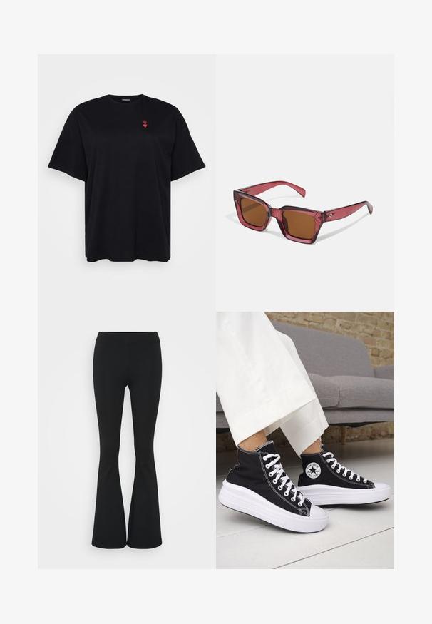 Černé bavlněné tričko s krátkým rukávem, volný střih, kulatý výstřih, se znakem malého červeného srdce na levé části hrudníku.; Černé zvonové kalhoty vyrobené z elastického materiálu, s vysokým pasem a hladkou texturou. Kalhoty se rozšiřují od kolene.; Černé vysoké tenisky s bílými gumovými podrážkami a tkaničkami. Mají kulatou nášivku s logem a kontrastní bílé prošití. Materiál plátno.; Čtvercové sluneční brýle s červeným nádechem a hnědými skly. Vyrobené z průhledného plastu. Mají výrazný úhlový design a decentní logo na straně.