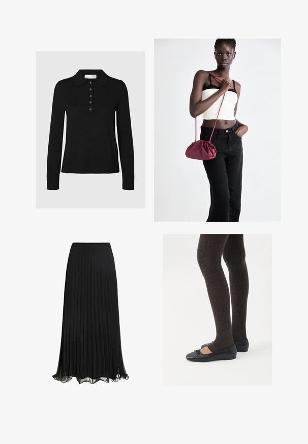 Czarna koszula polo z długim rękawem, uszyta z miękkiego materiału, z kołnierzykiem i sześcioma guzikami. Krawędzie starannie wykończone.; Biała koszulka z krótkim rękawem i dekoltem w kształcie litery V, zdobiona delikatną koronką na dekolcie i brzegach rękawów, wykonana z lekkiego materiału.; Czarna plisowana spódnica maxi wykonana z lekkiego materiału o zwiewnym fasonie. Posiada falbaniasty dół i elastyczny pas dla komfortu.; Czarne płaskie buty z małym kokardkowym detalem na palcach, zestawione z ciemnobrązowymi rajstopami w prążki. Buty mają gładką teksturę i niski profil.; Burgundowa torba na ramię z miękkiego materiału, z marszczonym wzorem i długim paskiem, noszona na krzyż. Modelka nosi białą bluzkę crop top i czarne dżinsy.
