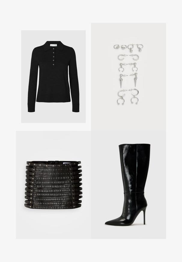 Melnas garās piedurknes polo krekls, kas izgatavots no mīkstas audi, ar apkakles dekoltē un sešu pogu slēgšanu. Malas ir akurāti apstrādātas.; Melna ādas mini svārki ar horizontālām siksnu detaļām un sudraba nagliņām gar augšējo malu un vertikālajām malām.; Melnas ādas zābaki līdz ceļiem ar smailu purngali un augstu stiletto papēdi. Gluda tekstūra un elegants dizains, ar minimālu dekoru.; Sudraba auskaru komplekts ar dažādiem dizainiem: riņķi, studē un karājoši stili, ar bumbu akcentiem un izliektiem elementiem.