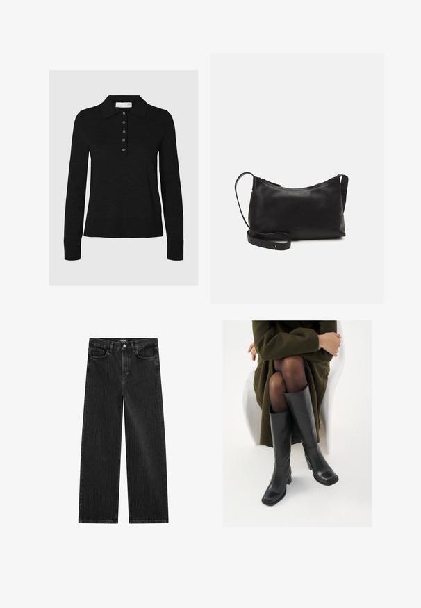 Černá polo košile s dlouhými rukávy vyrobená z jemné tkaniny, která má límeček a šest knoflíků. Okraje jsou pečlivě zpracovány.; Široké černé džínové kalhoty s jemným vertikálním pruhovaným vzorem, s pěti kapsami a klasickým zapínáním na knoflík v pase.; Černé kožené boty po kolena s hranatou špičkou a blokovým podpatkem, předvedené na modelce sedící v olivově zeleném kabátu. Hladký povrch, minimalizované detaily.; Černá kožená taška přes rameno s hladkým povrchem, zakřiveným tvarem, nastavitelným popruhem a zipovým uzávěrem. Minimalistický design bez zdobení.