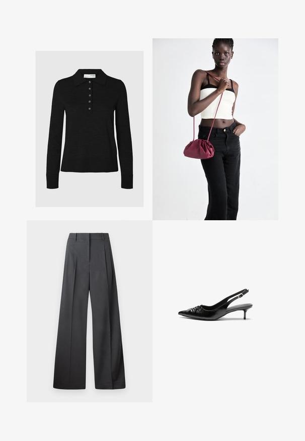 Svart langermet polo skjorte laget av myk stoff med kragehals og seks knappelukking. Kantene er pent ferdig.; Vide bukser i mørkegrått stoff med høy livlinje, enkel press, og en glatt tekstur med en ren finish på ermekantene.; Sorte skinnert remsandaler med spiss tå, liten kittenhæl og en dekorativ knute detalj foran. Glatt tekstur gjennom hele.; Burgunderfarget myk stoffhåndveske med en samlet design og en lang stropp, båret som en crossover. Modellen har på seg en hvit crop-top og svarte jeans.