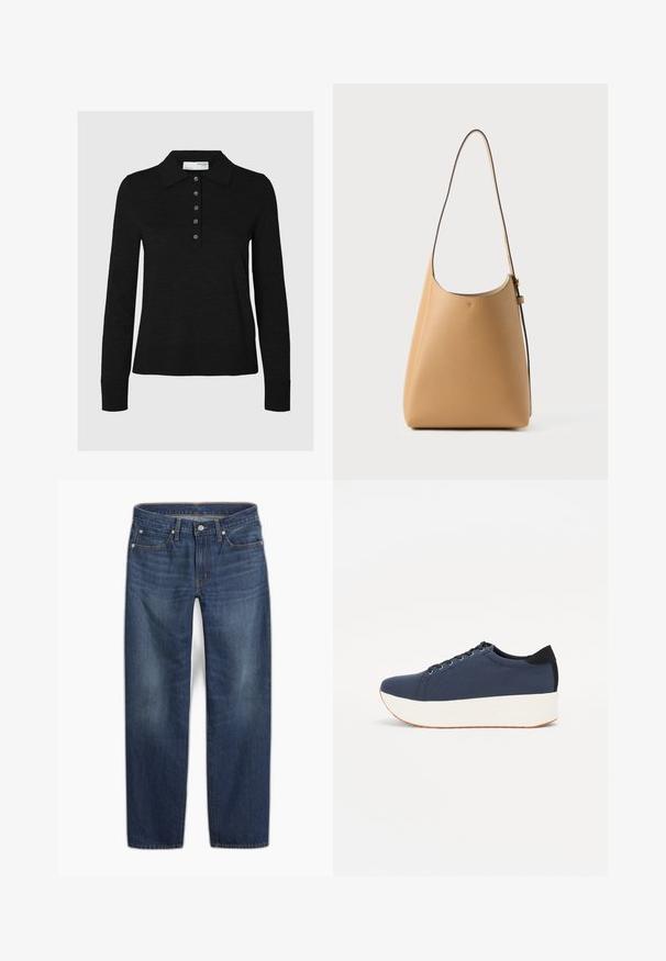 Melnas garās piedurknes polo krekls, kas izgatavots no mīkstas audi, ar apkakles dekoltē un sešu pogu slēgšanu. Malas ir akurāti apstrādātas.; Tumši zili džinsa džinsi ar taisnu kāju dizainu. Aprīkoti ar pogas aizdari, piecām kabatām un smalku auduma izbalēšanu.; Navy zilo apavi ar strukturētu auduma augšdaļu, baltu platformas zoli, noapaļotu pirkstu daļu un melnu papēža akcentu. Iekļautas sešas acs caurumi šnuķēšanai.; Gaisas brūnās ādas pleca soma ar gludu tekstūru, minimālisma dizainu, vienu izliekta formā esošu siksnu un vieglu aparatūru.