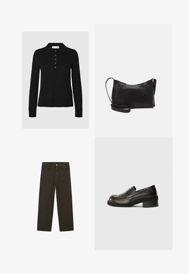 Černá polo košile s dlouhými rukávy vyrobená z jemné tkaniny, která má límeček a šest knoflíků. Okraje jsou pečlivě zpracovány.; Tmavě zelené široké džínsy vyrobené z bavlněné směsi, s předním zapínáním na knoflík, pěti kapsami a klasickým denimovým stehem.; Tmavě hnědé kožené mokasíny s kulatou špičkou, prošívanými detaily a mírným blokovým podpatkem. Hladký povrch, minimalistický design.; Černá kožená taška přes rameno s hladkým povrchem, zakřiveným tvarem, nastavitelným popruhem a zipovým uzávěrem. Minimalistický design bez zdobení.