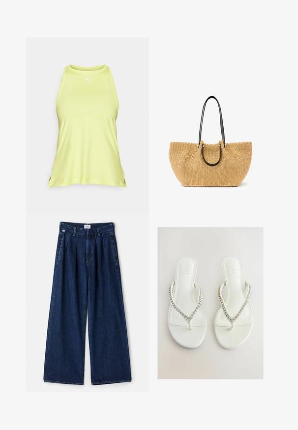 Hellgrünes, ärmelloses Top aus glattem Stoff. Es hat einen runden Halsausschnitt und ein kleines, weißes Logo auf der Brust. Seitliche Schlitze verbessern die Beweglichkeit.; Weit geschnittene blaue Denim-Hosen mit Falten, hoher Taille, Fronttaschen und strukturiertem Finish. Der Stoff ist dick und robust.; Weiße Flip-Flops mit glatter Textur, ausgestattet mit einem V-förmigen Riemen, der mit klaren, funkelnden Strasssteinen verziert ist. Einfaches und schlankes Design.; Geflochtener Strohtote in Beige, mit schwarzen Ledergriffen und silbernem Zubehör. Geräumige, geschwungene Form mit strukturiertem Oberflächenmaterial.