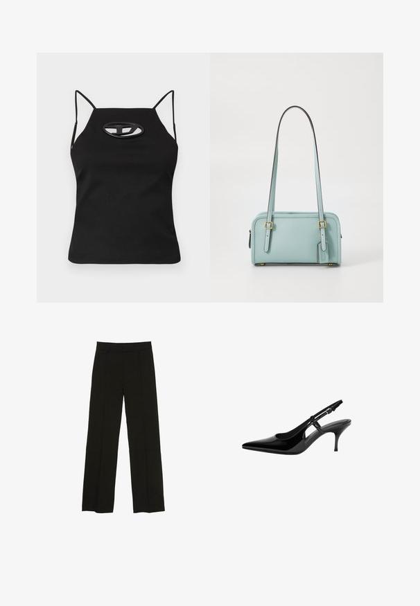 Fekete, ujjatlan felső vékony pántokkal, kivágott ovális részlettel a mellrészen. Simább, rugalmas anyagból készült.; Fekete, bő szárú nadrág sima anyagból, melynek kényelmes derékrésze és diszkrét elülső redők adnak extra textúrát.; Fekete lakk bőr slingback magassarkú cipő, hegyes orral, nyitott oldalvágásokkal, karcsú sarokkal és állítható boka pánttal.; COACH SWING ZIP BAG 20 - Kézitáska - light blue