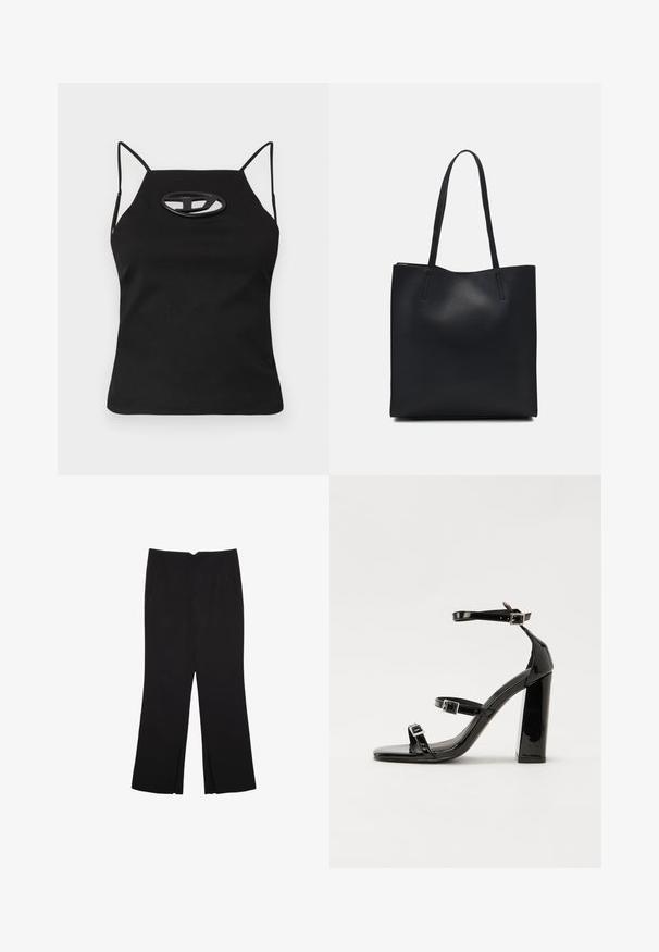 Sort ærmeløs top med tynde stropper, der har en udskåret oval detalje ved brystet. Lavet af glat, strækbart stof.; Sorte bukser med lige pasform, der har frontlommer og slidser i kanten. Lavet af blødt, glat stof. Velegnet til forskellige anledninger.; Sorte patenterede hælsandaler med firkantet tå, ankelremme og sølvspænder. Har en chunky blokHæl for stabilitet.; Sort læder tote taske med glat tekstur, rektangulær form og to lange hanke. Ingen synlig hardware eller udsmykninger.
