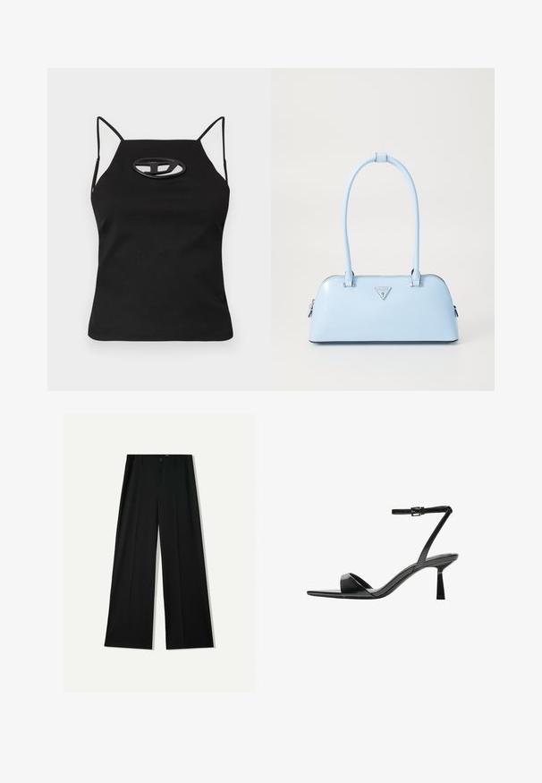 Črna brezrokavnik s tankimi naramnicami, ki ima izrezan ovalni detajl na prsih. Narejena iz gladkega in raztegnega materiala.; Bershka WIDE - Hlače - black; Bershka Sandali z visoko peto - black; Svijetloplavi ručni torbica s strukturiranim oblikom, glatkim kožnim materijalom, dvije ručke i trokutastim logotipom brenda na prednjoj strani. S zatvaračem.