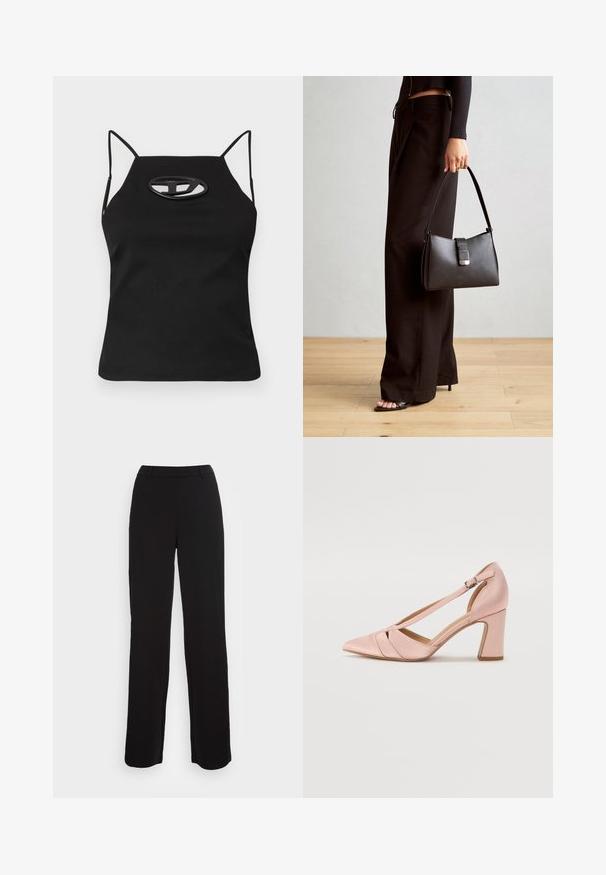 Svart ermeløs topp med tynne stropper, med en utskjært oval detalj ved brystet. Laget av glatt, elastisk stoff.; Svarte bukser med rett ben-design, glatt tekstur og tilpasset liv. Har frontlommer og minimal sømdetalj.; Rosa sateng høyhælte sko med spiss tå og justerbar vriststropp, med skrå kuttinger og en kraftig hæl.; Svart håndveske med strukturert form, jevn tekstur og metallisk lås. Kombinert med brede svarte bukser og sandaler med åpen tå på tregulv.