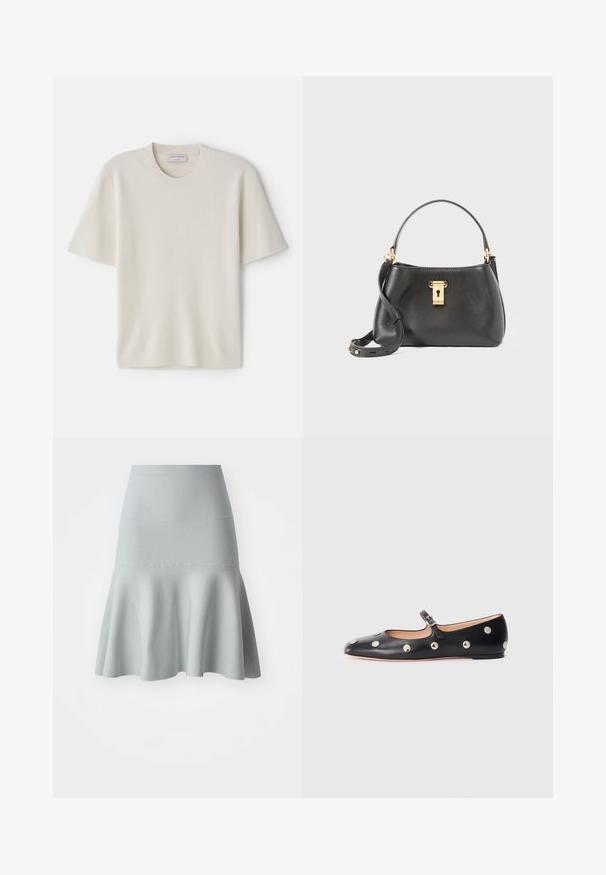 Cremefarvet T-shirt med korte ærmer og rund halsudskæring, lavet af blødt materiale, med lige snit og minimal detaljering.; Lyseblå udvidet nederdel lavet af et tekstureret stof. Har en tætsiddende talje og en blød, bølget kant. Enkel design uden mønstre.; Sorte læder Mary Jane flad sko med en rund tå, udstyret med sølvfarvede runde nitter og en justerbar rem med spænde.; Sort lædertaske med struktureret overflade, der har en guldlås som lukning, kort håndtag og en aftagelig skulderrem.