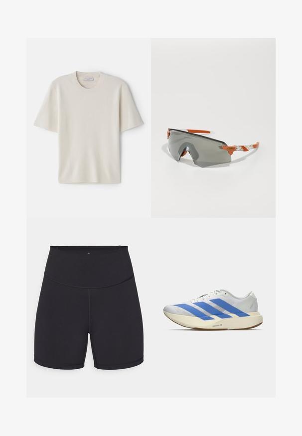 Cream short-sleeve t-shirt with a round neckline, made from soft material, featuring a straight cut and minimal detailing.; Black athletic shorts made of stretchy fabric. Features a high waistband and smooth seams. Suitable for active wear and exercise.; White athletic shoe with blue stripes, textured upper, flat sole, and "LIGHTSTRIKE PRO" branding on the side. Low-profile design.; Sport sunglasses with a gray lens, orange accents, and patterned white arms. Designed for performance with a wraparound shape.