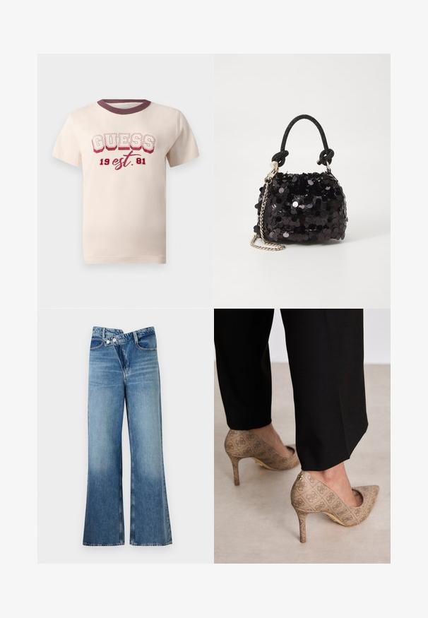 Krēmkrāsas kokvilnas T-krekls ar īsām piedurknēm, ar tumši sarkanu ribotu apļveida kakla izgriezumu un grafisku uzdruku: "GUESS 19 est. 81" sarkanā un melnā krāsā.; Gai zils džinsu auduma bikses ar platām kājām un augstu vidukli, kurām ir divi pogas un priekšējās kabatas. Audumam ir izbalējusi tekstūra ar smalkām variācijām.; Bežīgas augstpapēžu kurpes ar teksturētu audumu, kas rotāts ar atkārtotu rakstu. Norādītā pirksta dizains ar aizmugurējo akcentu un zelta papēža detaļām.; Melna spīguļota mini rokas soma ar mezglotu teksturētu siksniņu un sudraba ķēdi. Apaļa forma ar sakopotām malām un atstarojumu detaļām.
