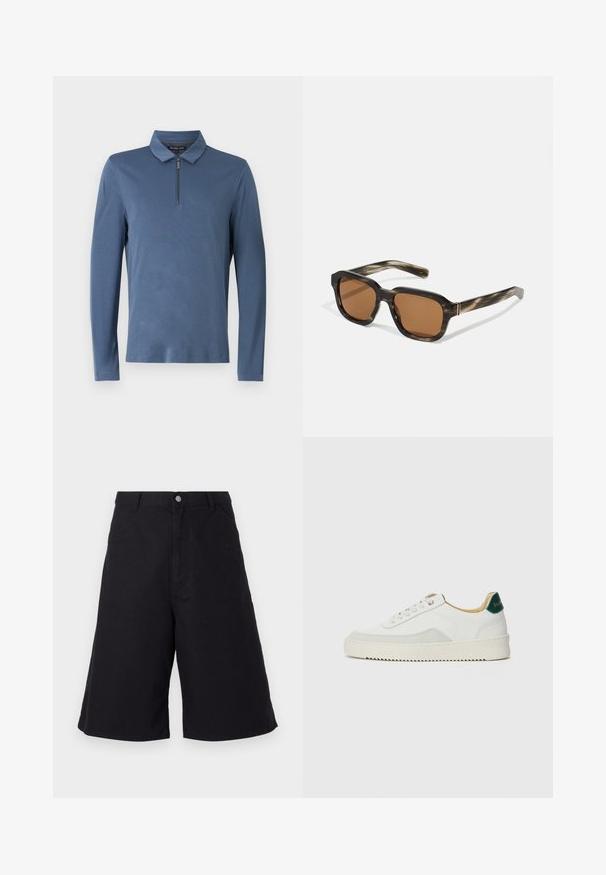 Langermet polo skjorte i myk, blått stoff med krage og en kort glidelås foran. Enkel design, ingen synlige mønstre eller detaljer.; Svarte bomullsshorts med rett snitt, med frontlommer, knappeåpning og tekstur som passer for fritidsbruk.; Hvit sneakers med semsket detaljer, rund tå, flate snøringer og en kremfarget gummisåle. Har grønn merking på hælen.; Plastik solbriller med kappe-mønster, åttekantede brune linser og tynne gullfargete detaljer på rammen.