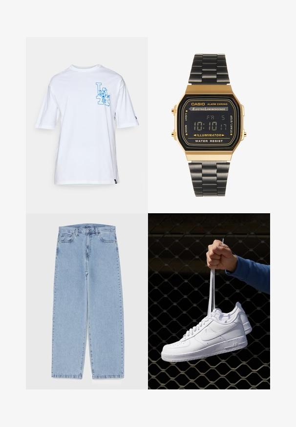 Baltas trumpas rankovėmis marškinėliai, pagaminti iš minkštos medvilnės, su mėlyna grafika ir užrašu "LA" priekyje. Standartinė apvalia apykakle ir laisvas siluetas.; Šviesiai mėlyni džinsai su tiesiomis kojomis, turintys vidutinio aukščio juosmenį, penkias kišenes ir mygtuko bei užtrauktuko uždarymą.; Balti odiniai sportiniai bateliai su perforacijomis, apvalia nosimi, plokščiu padu ir storomis raištelėmis, su matomu swoosh logotipu ir "AIR" ant kulno.; Skaitmeninis riešo laikrodis su auksinės spalvos stačiakampiu korpusu, juodu LCD ekranu ir juodu metaliniu dirželiu. Savybės: žadintuvas ir atsparumas vandeniui.