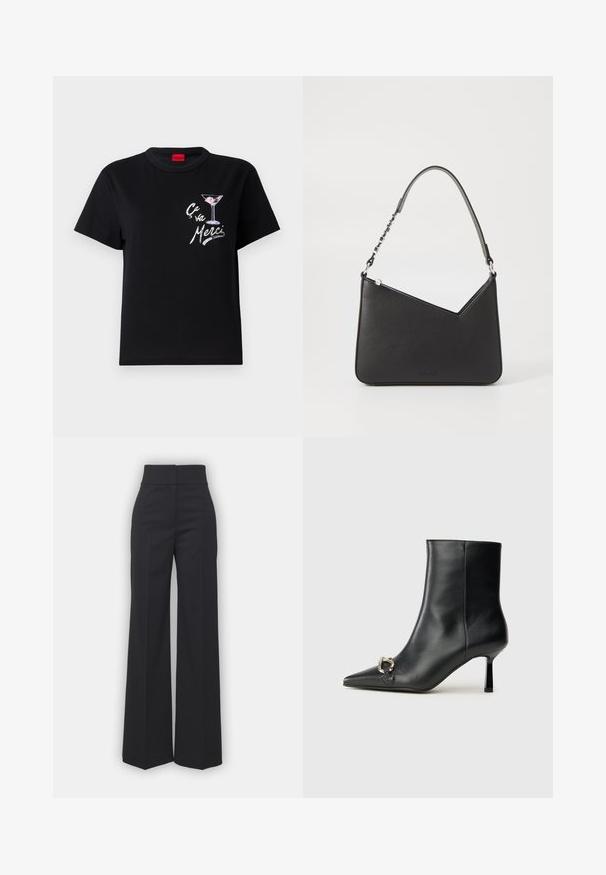 T-shirt de algodão preto com mangas curtas, apresenta uma gráfica em branco e rosa de um copo de martini e o texto "Ça va Merci" numa fonte divertida.; Calças largas em tecido preto com um cós alto, apresentando um acabamento limpo e uma textura suave. Sem hardware ou padrões visíveis.; Bota preta de couro até ao tornozelo com bico apontado, salto slim de altura média e detalhe em fivela prateada de lado, contra um fundo simples.; Bolsa de couro preta com formato triangular, alça fina e detalhes em metal prateado. Apresenta um fecho com zíper e logótipo em relevo na parte frontal.