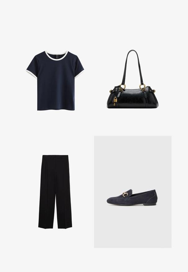 Granatowa koszulka z krótkim rękawem z białym ściągaczem przy dekolcie i rękawach. Wykonana z gładkiej bawełnianej tkaniny, z luźnym krojem i prostym wzorem.; Czarne spodnie o szerokich nogawkach z gładkiego materiału, z plisami z przodu i bocznymi kieszeniami, zaprojektowane w prostym, luźnym kroju.; Granatowe zamszowe mokasyny z okrągłym noskiem, ozdobione metalowym łańcuszkiem oraz niskim obcasem z kontrastującymi detalami ściegów.; Czarna skórzana torebka o gładkiej fakturze, zaokrąglonym kształcie, złotych akcentach metalowych i podwójnych uchwytach. Posiada dekoracyjny zamek z boku.