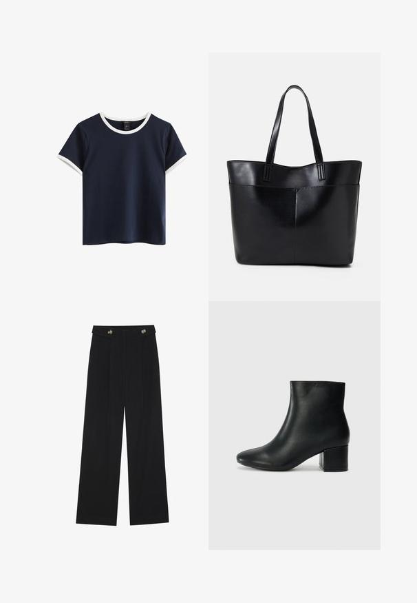 Marineblaues T-Shirt mit kurzen Ärmeln und weißem, geripptem Rundhalsausschnitt sowie Saumabschlüssen. Hergestellt aus glattem Baumwollstoff, mit lockerer Passform und schlichten Design.; Schwarze weite Hosen mit hoher Taille, Knopfdetails am Bund und vorderen Falten.; Schwarze Leder-Ankle-Boots mit spitzem Zehenbereich und klobigem Absatz. Glatte Textur mit minimalen Akzenten und einem eleganten, taillierten Design.; Schwarze Leder-Shopper-Tasche mit zwei langen Griffen, einer glatten Textur und einer strukturierten Form. Verfügt über eine Vordertasche für zusätzlichen Stauraum.