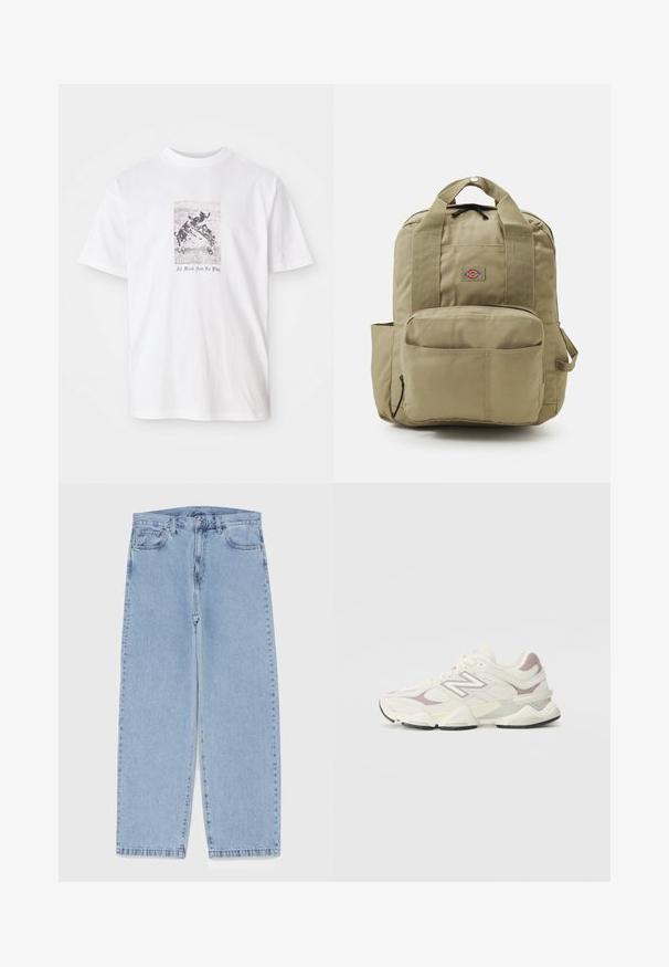 Biela bavlnená tričko s centrálnou grafikou psov hrajúcich si, s textom "Všetka práca, žiadna zábava" v modrej farbe pod obrazom.; Svetlomodré denimové džínsy s rovnými nohavicami, s polovysokým pásom, piatimi vreckami a zapínaním na gombík a zips.; Biele a svetlo šedé atletické tenisky s vrchnou časťou z kombinácie sieťoviny a syntetického materiálu, polstrovaným golierom, štruktúrovanými detailmi a silnou gumovou podrážkou.; Khaki batoh s polstrovanými popruhmi, predným vreckom a okrúhlym logom. Vyrobený z odolnej tkaniny, s vrchnou rukoväťou a bočným vreckom.