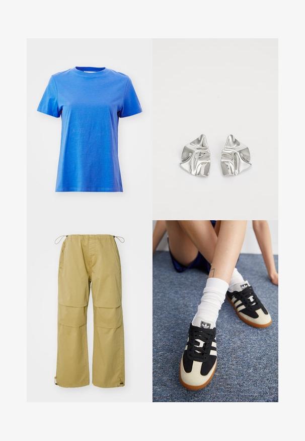 T-shirt a maniche corte blu con collo rotondo realizzato in morbido tessuto di cotone, caratterizzato da una texture liscia e un fit classico senza alcun motivo visibile.; Pantaloni cargo in khaki, con gambe larghe, vita elasticizzata, tasche frontali e polsini regolabili con cordino. Realizzati in tessuto leggero.; Scarpe sportive in bianco e nero con tomaia in camoscio e pelle, caratterizzate da tre strisce bianche e una suola in gomma. Paio indossato con calzini bianchi.; Orecchini in metallo argento con un design ondulato e scultoreo, caratterizzati da una finitura lucida e forme irregolari, che evidenziano un'estetica contemporanea.