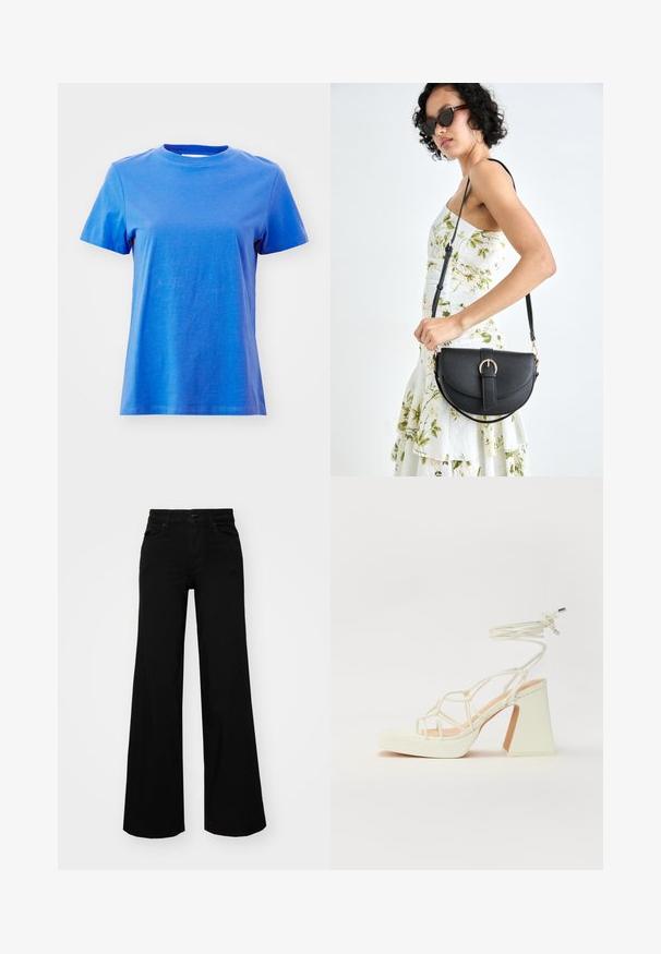 Blue short-sleeve crewneck t-shirt made of soft cotton fabric, featuring a smooth texture and a classic fit without any visible patterns.; Black wide-leg pants made of denim, featuring a structured waistband, belt loops, and front pockets. Smooth texture with a classic design.; White high-heeled sandal with a chunky heel, featuring a strappy design and ankle tie. Smooth texture with a platform front for added height.; Black leather handbag with a curved shape, detachable strap, and gold hardware. The bag features a flap with a buckle detail.