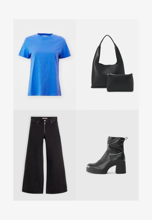 T-shirt a maniche corte blu con collo rotondo realizzato in morbido tessuto di cotone, caratterizzato da una texture liscia e un fit classico senza alcun motivo visibile.; Jeans a gamba larga in denim nero con chiusura a zip, design a cinque tasche e dettagli di cucitura sottili. Texture morbida e stile casual.; Stivali neri alla caviglia in pelle liscia, con zip laterale, tacco spesso e texture, e punta arrotondata.; Even&Odd Borsa a mano - black