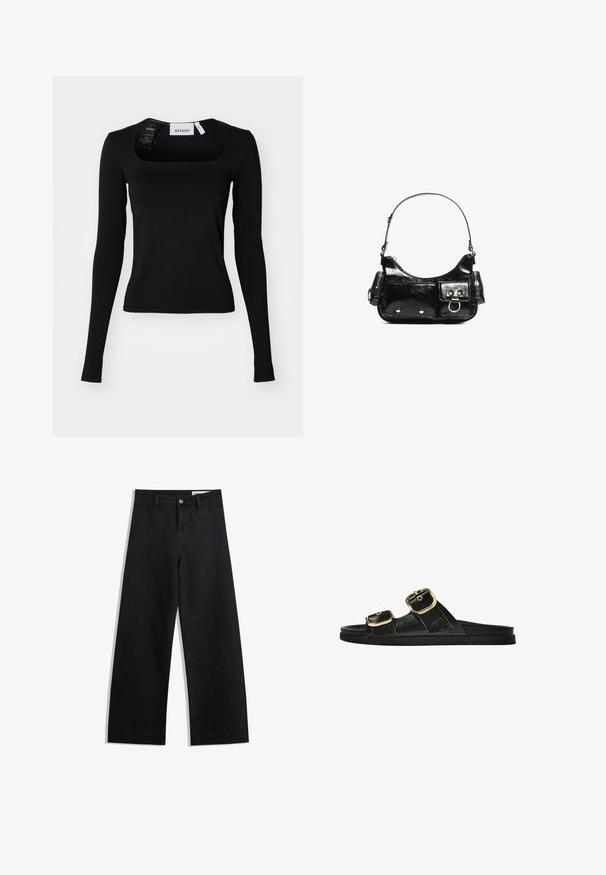 Fekete, hosszú ujjas felső négyzet alakú nyakkivágással. Simaságot sugárzó anyagból készült, testhez simuló sziluettje van, és finom varrás részletei jellemzik. Címke van rajta.; Fekete, bő szabású farmernadrág magas derékkal, elülső és hátsó zsebekkel, varrott felületekkel és gombos záródással. Sima textúra.; Fekete csúszó szandál, két arany csattal, sima textúrájú anyagból, lapos talppal és minimalista dizájnnal.; Fekete lakkbőr kézitáska ívelt formával, egy vállpánttal, elülső zsebekkel és ezüstszínű fémrészletekkel.