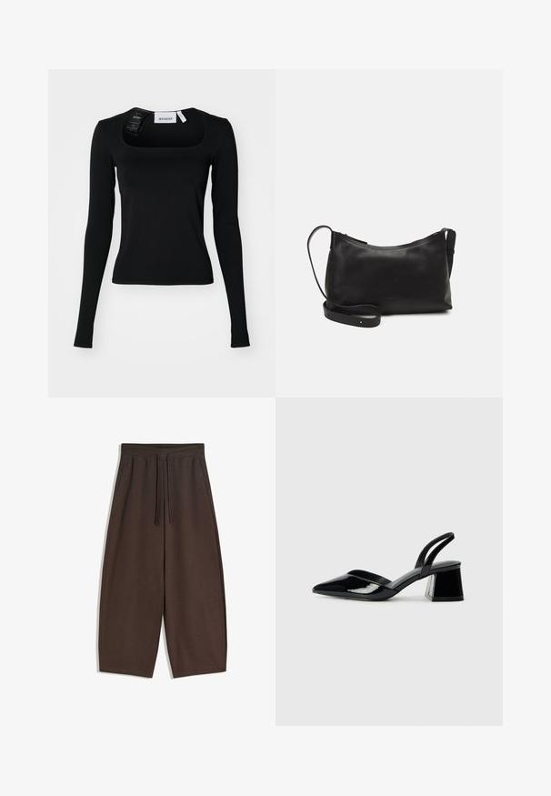 Top negru cu mânecă lungă și decolteu pătrat. Fabricat dintr-un material neted, are o siluetă ajustată și detalii fine de cusătură. Etichetă atașată.; Pantaloni maro cu picior larg, dintr-un material moale, având talie elastică și șnur, cu textură netedă și design curat.; Pantofi cu toc slingback din piele lacuită neagră, cu vârf ascuțit și toc geometric. Prezintă un design elegant, minimalist și o textură netedă.; Geantă de umăr din piele neagră, cu o textură netedă, formă curbată, curea ajustabilă și închidere cu fermoar. Design minimalist, fără embellishments.