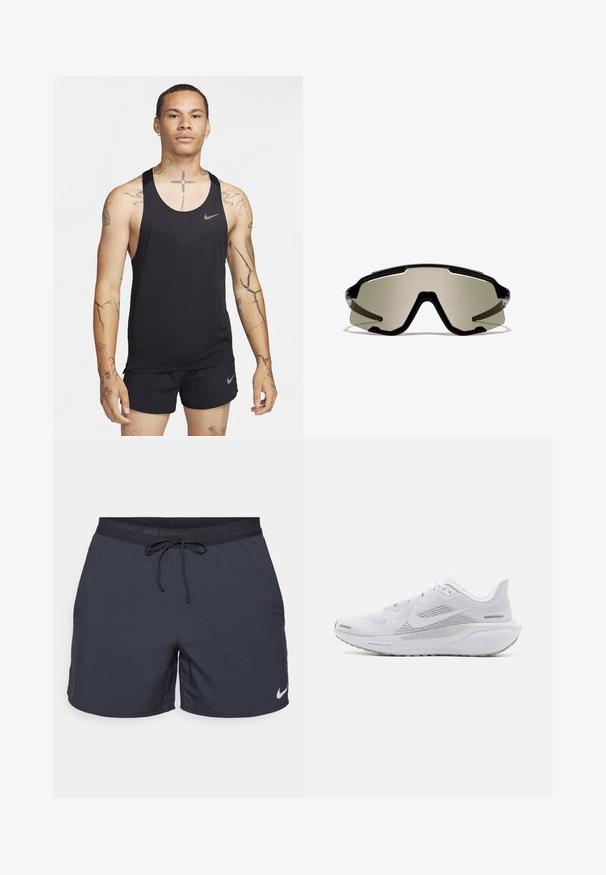 Black athletic tank top with a scoop neckline and Nike logo. Features a lightweight, breathable fabric and contrasting gray accents.; Nike running shorts, dark gray, elastic waist with drawstring, side pockets, lightweight fabric, featuring a white Nike logo on the lower hem.; White athletic shoe with a mesh upper, smooth textured overlays, grey accents, laces, and a cushioned sole designed for performance.; Black sporty sunglasses with large wraparound green-tinted lenses, featuring angular design and clear side accents. Branding visible on top.