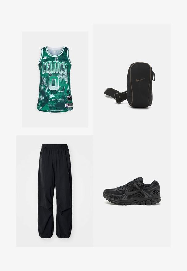 Grøn basketballtrøje med teksten "CELTICS" og nummer "0" i hvid. Fremstillet af tekstureret stof med et geometrisk mønster. Indeholder NBA-logo patch.; Sorte letvægts cargo bukser med elastisk talje, sidelommer med lynlås og rummelige lommer. Har en løs pasform og tapered cuffs.; Sort atletisk sko med overdækning af mesh, gummisål og teksturerede detaljer. Designet inkluderer et markant snøresystem og polstret sål.; Sort Nike-pung med lynlås, struktureret stof, brune accenter og en aftagelig rem. Har et fremtrædende Nike-logo på forsiden.