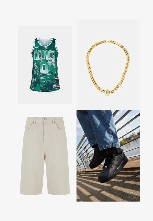 Jersey de baloncesto verde con el texto "CELTICS" y el número "0" en blanco. Fabricado con una tela texturizada con un patrón geométrico. Incluye parche del logo de la NBA.; Shorts de denim beige con corte recto, cierre frontal con botón y cuatro bolsillos. La tela tiene una textura suave y un detalle de costura mínimo.; Zapatillas Nike Air Force 1 negras con parte superior de cuero, lengua de malla y suela de goma, que presentan un diseño de caña alta y cordones gruesos.; Collar de cadena de oro con grandes eslabones entrelazados, que presenta un detalle de medallón circular en el centro con un emblema en relieve.