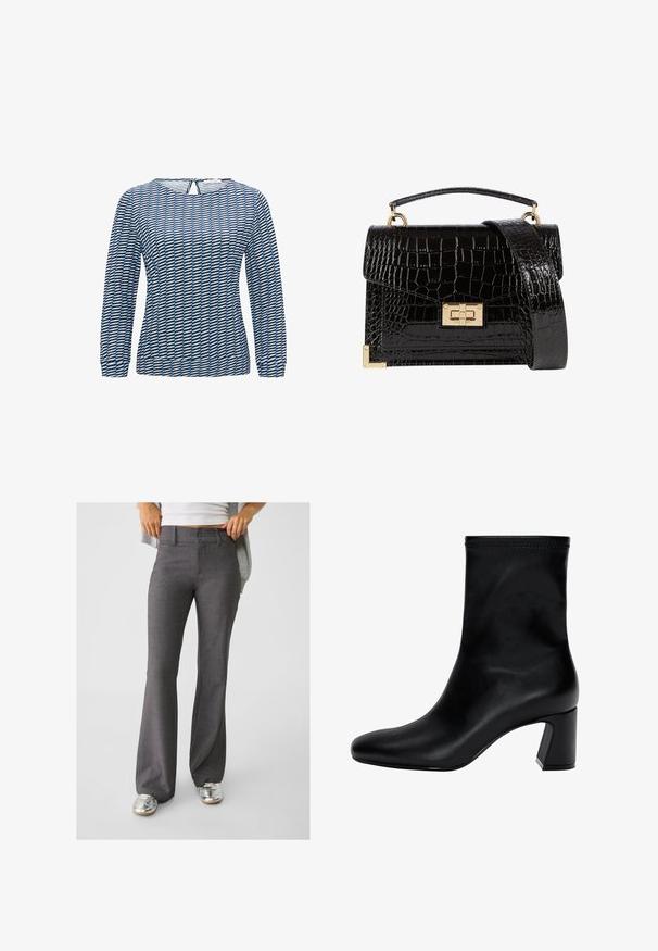 Langarmshirt mit geometrischem Muster in Blau und Schwarz. Hergestellt aus leichtem Stoff mit Rundhalsausschnitt und einem Schlüsselrücken-Detail.; Graue, ausgestellte Hosen aus strukturiertem Stoff, mit einer Zwei-Knopf-Verschluss und Gürtelschlaufen, kombiniert mit glänzenden silbernen Sneakers.; Schwarzer Knöchelstiefel aus glattem Leder. Mit quadrater Zehenpartie, elastischem Schaft und einem stabilen Blockabsatz. Minimalistisches Design.; Schwarz lackierte Handtasche mit Krokodilstruktur, goldfarbenen Hardware, einem oberen Griff und einem abnehmbaren Schulterriemen. Rechteckige Form mit Klappenverschluss.
