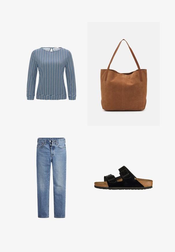 Maglia a maniche lunghe con un motivo geometrico blu e nero. Realizzata in un tessuto leggero, presenta un colletto rotondo e un dettaglio a foro sulla schiena.; Jeans in denim blu chiaro con taglio dritto, design a cinque tasche e chiusura con bottone. Presentano una leggera sbiaditura e dettagli in cucitura arancione.; Sandali neri in pelle verniciata con due cinturini regolabili, soletta in sughero e suola in gomma, caratterizzati da una texture liscia e un design minimalista.; Borsa a spalla in suede marrone con due manici lunghi, caratterizzata da una texture liscia, design semplice e senza hardware o dettagli visibili.