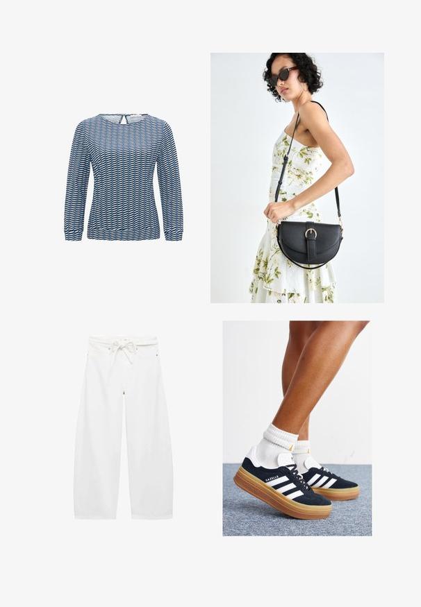 Langarmshirt mit geometrischem Muster in Blau und Schwarz. Hergestellt aus leichtem Stoff mit Rundhalsausschnitt und einem Schlüsselrücken-Detail.; Weiße, weit geschnittene Hose aus leichtem Stoff, mit einem Kordelzugbund, zwei Fronttaschen und schlichten metallischen Details.; Schwarze Wildledersneaker mit weißen Streifen und Akzenten, rundlicher Zehenbereich, Sohlen aus braunem Gummi, kombiniert mit weißen, gerippten Sneakersocken.; Schwarze Lederhandtasche mit geschwungener Form, abnehmbarem Tragegurt und goldenen Beschlägen. Die Tasche verfügt über einen Deckel mit einer Schnallen-Details.