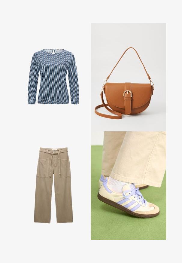 Langarmshirt mit geometrischem Muster in Blau und Schwarz. Hergestellt aus leichtem Stoff mit Rundhalsausschnitt und einem Schlüsselrücken-Detail.; Beige weite Hosen aus robustem Stoff, mit großen Fronttaschen, einem geflochtenen Gürtel und dezenten Nahtdetails.; Cremefarbene und lavendelfarbene Sneakers mit drei Streifen und einer strukturierten braunen Sohle, ausgestattet mit Schnürsenkeln und einer gepolsterten Ferse. Obermaterial aus weichem Stoff.; Braune Leder-Crossbody-Tasche mit geschwungener Form, goldfarbenen Beschlägen und einer Schnallenakzentuierung. Verfügt über einen abnehmbaren Schultergurt.