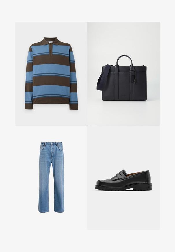 Polo shirt met lange mouwen, bruin en lichtblauwe horizontale strepen, met een drieknops sluiting en een geribde kraag.; Lichtblauwe denim jeans met een straight-leg ontwerp, vijf zakken, knoopsluiting, minimale vervaging en contrasterende stikseldetails.; Zwarte leren instappers hebben een verhoogde naad, twee decoratieve banden op de bovenkant en een dikke, gestructureerde zool voor extra grip.; Donkerblauwe leren aktetas met dubbele bovenhandgrepen en een afneembare schouderband. Kenmerkt zich door een gestructureerde afwerking, verticale stiksels en een logo-detail.