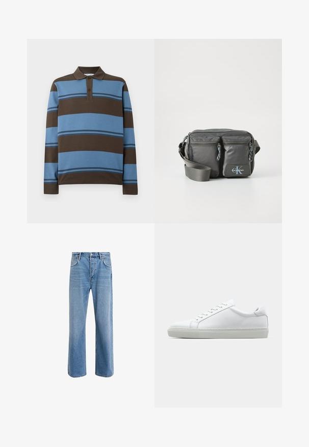 Polo majica s dugim rukavima, smešastim i svijetloplavim horizontalnim prugama, s tri gumba i rebrastim ovratnikom.; Svijetloplave traperice s ravnim nogavicama, pet džepova, zatvaranjem na gumb, minimalnim izbljeđivanjem i kontrastnim šavovima.; Bijela tenisica s glatkim kožnim gornjim dijelom i niskim profilom. Ima zaobljen vrh, šest rupica za vezanje i teksturiranu gumenu podlogu.; Sivi najlonski torbica preko tijela s dva zip zatvarača sprijeda, podesivim remenom i logotipom. Glatka tekstura s modernim dizajnom.