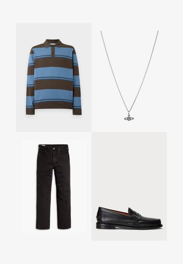 Polo tričko s dlhými rukávmi, hnedými a svetlomodrými vodorovnými pruhmi, s trojitou gombíkovou légou a rebrovaným golierom.; Čierne džínsy s rovnými nohavicami, s piatimi vreckami, s rozopínaním na gombík a pútkami na opasok, položené na bielom pozadí.; Čierne kožené mokasíny s okrúhlym nosom, prešívaním a dekoratívnym remienkom vpredu. Plochá podrážka s minimálnym profilom.; Strieborný retiazkový náhrdelník s detailným príveskom v tvare planéty, zdobený malými akcentmi a zložitými vzormi.