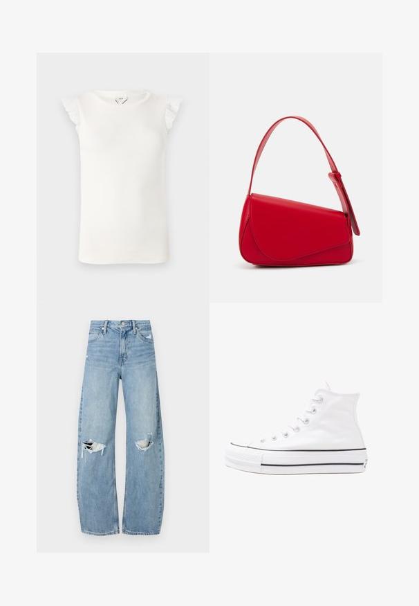 White sleeveless top with ribbed texture, featuring lace ruffle accents on the shoulders and a round neckline.; Light blue, high-waisted jeans made of denim. Feature wide legs, two torn knee areas, and classic five-pocket styling.; White high-top canvas sneaker with black rubber sole, front rubber toe cap, and six eyelets for laces, featuring a clean, minimalist design.; Red leather handbag with an angular, geometric design. Features a single adjustable strap and a flap closure with stitched detailing.