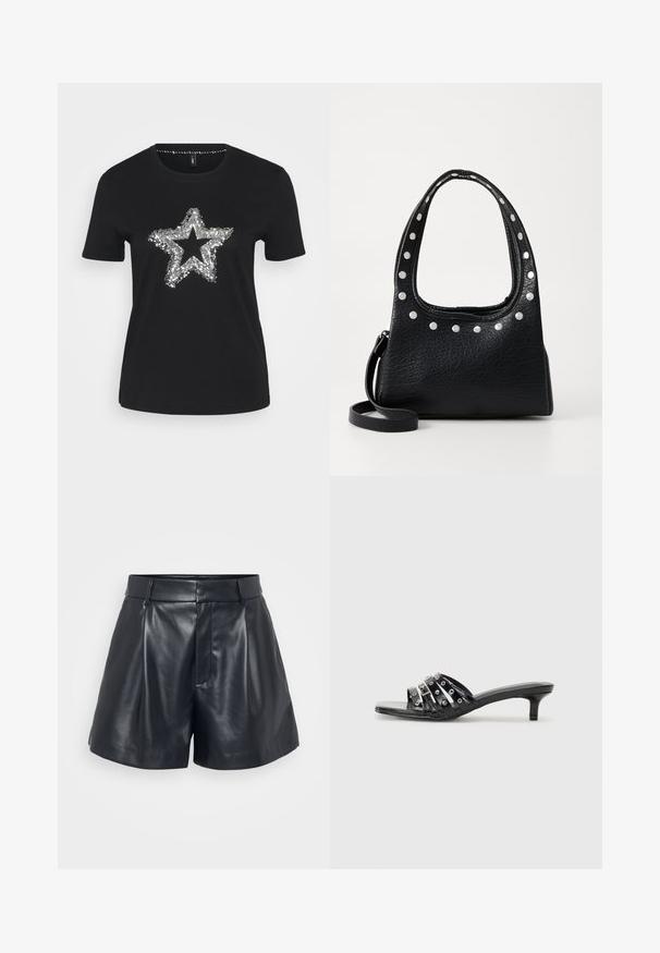 Czarny t-shirt wykonany z bawełny, z designem srebrnej cekinowej gwiazdy z przodu. Krótkie rękawy i okrągły dekolt.; Czarne skórzane szorty o gładkiej fakturze, dopasowanym kroju, z plisowanym przodem i szlufkami na pasek; mają ukrytą kieszeń na zamek z boku.; Czarne sandały na obcasie z wieloma błyszczącymi paskami i metalicznymi akcentami, z ostrym noskiem i skromnymi obcasami typu kitten. Gładka faktura.; Czarna torebka skórzana o teksturowanej powierzchni, ozdobiona srebrnymi ćwiekami na górnej krawędzi oraz uchwytach. Posiada krótki uchwyt i odczepiany pasek.