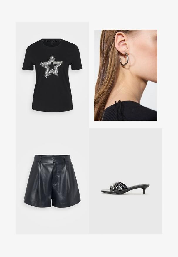 Black T-shirt made of cotton featuring a silver sequin star design on the front. Short sleeves and a round neckline.; Black leather shorts with a smooth texture, tailored design, pleated front, and belt loops; features a hidden zipper pocket on the side.; Black heeled sandals with multiple glossy straps and metallic accents, featuring a pointed toe and modest kitten heels. Smooth texture.; Silver hoop earring with a polished finish, featuring small gold accent details and a round shape, worn on the lobe.