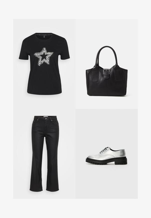 Must värvi puuvillane T-särk, mille eesmine külg on kaunistatud hõbedaste sädelusstaradega. Lühikesed varrukad ja ümmargune kaelus.; Mustad flared teksad, millel on esikinnitus nupuga, viis taskut ja sile, veidi läikiv tekstuur.; Hõbedased nahast oxfordi kingad ümarate varvastega, musta kummist tallaga ja mustade paeltega. Omavad minimaalset nüanssi õmbluste detailides külgedel.; Mustgamma nahast kott, millel on sile tekstuur, struktureeritud kuju, kaks käepidet ja esiküljel silmapaistev hõbedane pandla detail.