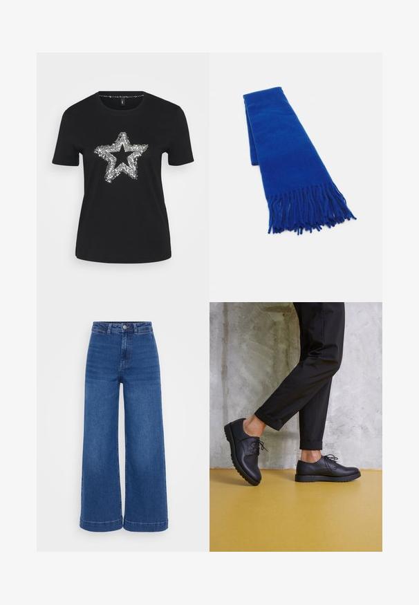 Svart T-skjorte i bomull med en sølvfarget paljett-stjernedesign på forsiden. Korte ermer og rund hals.; Høytlivte vide jeans i mellomblå denim, med knappelukking, beltehemper og en ren søm uten slitasje.; Sorte lærremsko med rund tå, teksturert overflate og tykk gummisåle. Brukes med oppbrettede svarte bukser mot en betongbakgrunn.; Blå vevd skjerf med duskete ender, glatt tekstur, rektangulær form og jevn farge gjennomgående. Egnet for kaldt vær.