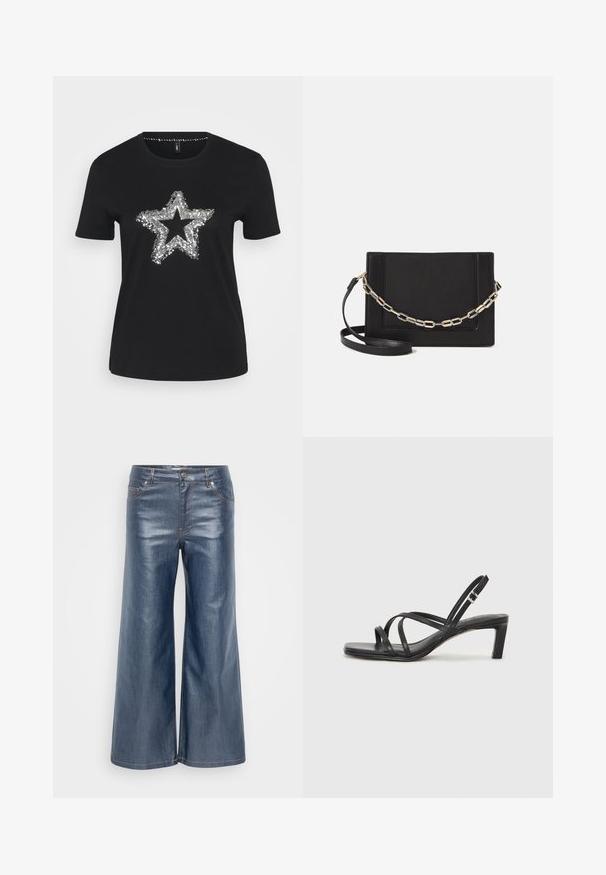 Camiseta negra de algodón con un diseño de estrella de lentejuelas plateadas en el frente. Mangas cortas y escote redondo.; Pantalones vaqueros de pierna ancha en azul oscuro, con una textura suave, diseño de cinco bolsillos y costuras en contraste. Cierre delantero con botón y cremallera.; Sandalia negra de tiras con punta cuadrada y tacón bajo de bloque. Presenta múltiples tiras delgadas y una correa ajustable en el tobillo. Fabricada en cuero suave.; Bolso cruzado de piel negra con textura suave, forma rectangular y un detalle de cadena metálica en el frente. Incluye una correa ajustable.