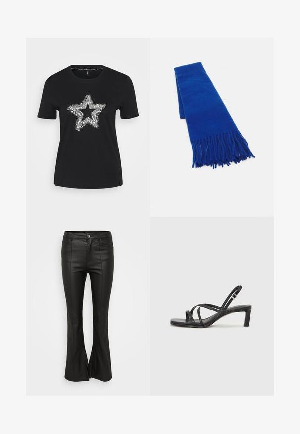 Black T-shirt made of cotton featuring a silver sequin star design on the front. Short sleeves and a round neckline.; Black flared pants with a shiny, leather-like texture, featuring front pockets, a button closure, and side slits at the hem.; Black strappy sandal with a square toe and a low block heel. Features multiple thin straps and an adjustable ankle strap. Made of smooth leather.; Blue woven scarf with fringed ends, smooth texture, rectangular shape, and uniform color throughout. Suitable for cold weather.