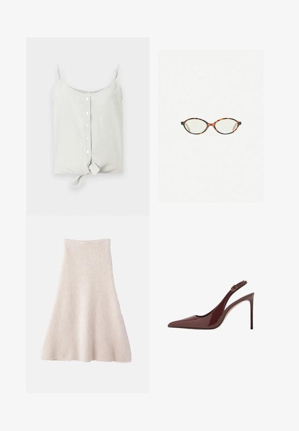 Randig ärmlös topp i ljusgrön och vit, med knäppning fram och knytning vid nederkanten. Slät tygkvalitet, avslappnad passform.; En ljusbeige A-linjeformad kjol i mjukt, texturerat tyg, med en slät midjeband och en flödande silhuett.; Mörkbrun patentläder slingback med spetsig tå och hög klack, utrustad med justerbar spänne och smal stilettklack.; Sköldpaddsmönstrade glasögon med ovala linser och en elegant, slät yta. Har tunna sidor med en subtil kurva vid tinningarna. Klara linser.