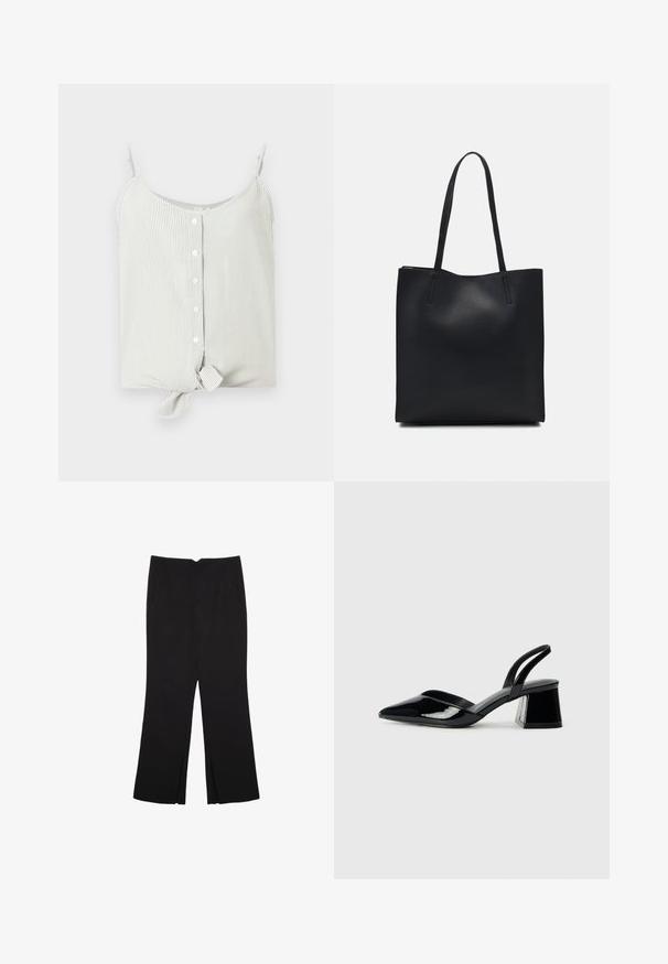 Prugasta bezrukavna majica u svijetlozelenoj i bijeloj boji, s gumbima sprijeda i čvorom na rubu. Glatka tkanina, opušteni kroj.; Crne hlače ravnog kroja, s prednjim džepovima i bočnim prorezima na rubu. Izrađene od mekog i glatkog materijala. Pogodne za razne prigode.; Crne lakirane kožne sandale s otvorenom petom i špicastim vrhom, s geometrijskom blok petom. Imaju elegantan, minimalistički dizajn i glatku teksturu.; Crna kožna torba za nošenje s glatkom teksturom, pravokutnim oblikom i dvije duge ručke. Nema vidljivih metalnih dijelova ili ukrasa.