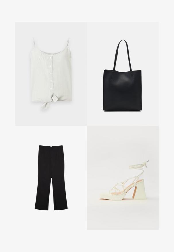 Gestreifter ärmelloser Oberteil in hellgrün und weiß, mit Knopfleiste und Knoten-Detail am Saum. Glatter Stoff, lockerer Schnitt.; Schwarze Hose mit geradem Schnitt, ausgestattet mit Fronttaschen und Seitenschlitzen am Saum. Hergestellt aus weichem, glattem Stoff. Geeignet für verschiedene Anlässe.; Weiße High-Heel-Sandale mit einem klobigen Absatz, die über ein Riemchendesign und ein Knöchelband verfügt. Glatte Textur mit einer Plattform vorne für zusätzliche Höhe.; Schwarze Laptoptasche aus Leder mit glatter Textur, rechteckiger Form und zwei langen Griffen. Keine sichtbaren Beschläge oder Verzierungen.