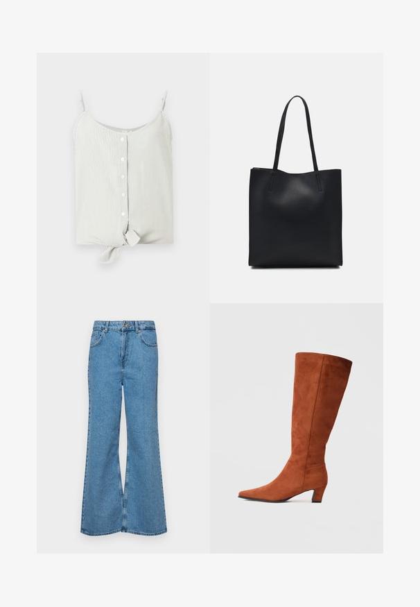 Top sin mangas a rayas en verde claro y blanco, con botones en el delantero y detalle de nudo en el dobladillo. Tejido suave, ajuste relajado.; Jeans acampanados de color azul claro hechos de denim, con una cintura alta, cinco bolsillos y un cierre de botón. Textura suave con acabado desgastado.; Bota alta de ante marrón hasta la rodilla con punta afilada y un pequeño tacón cuadrado, que presenta una textura suave y un diseño minimalista.; Bolso tote de cuero negro con textura lisa, forma rectangular y dos asas largas. Sin herrajes ni adornos visibles.