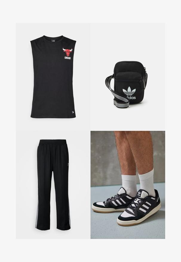 Fekete ujjatlan póló, pamutból készült. A bal mellkason piros Chicago Bulls logó és "CHICAGO" felirat található. Egyszerű, sima textúra.; Fekete sportnadrág rugalmas derékrésszel, fehér oldalsávokkal és egy kis logóval. Az anyaga lágy és könnyűnek tűnik.; Fekete-fehér tornacipők velúr és bőr felsőrésszel, három fehér csíkkal, perforált orral és gumi talppal.; Fekete anyagú, keresztpántos táska cipzáras záródással, fehér Adidas logóval és csíkos állítható pánttal a könnyű hordozás érdekében.